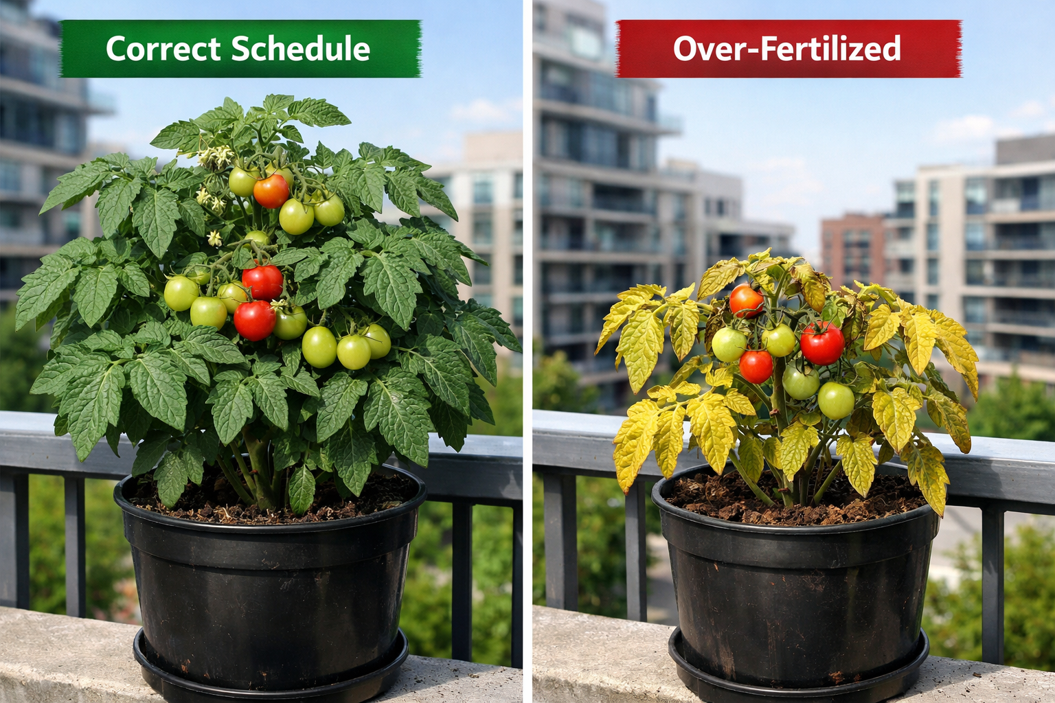 Split-composition photograph showing two identical container tomato plants side by side on a balcony railing: one healthy