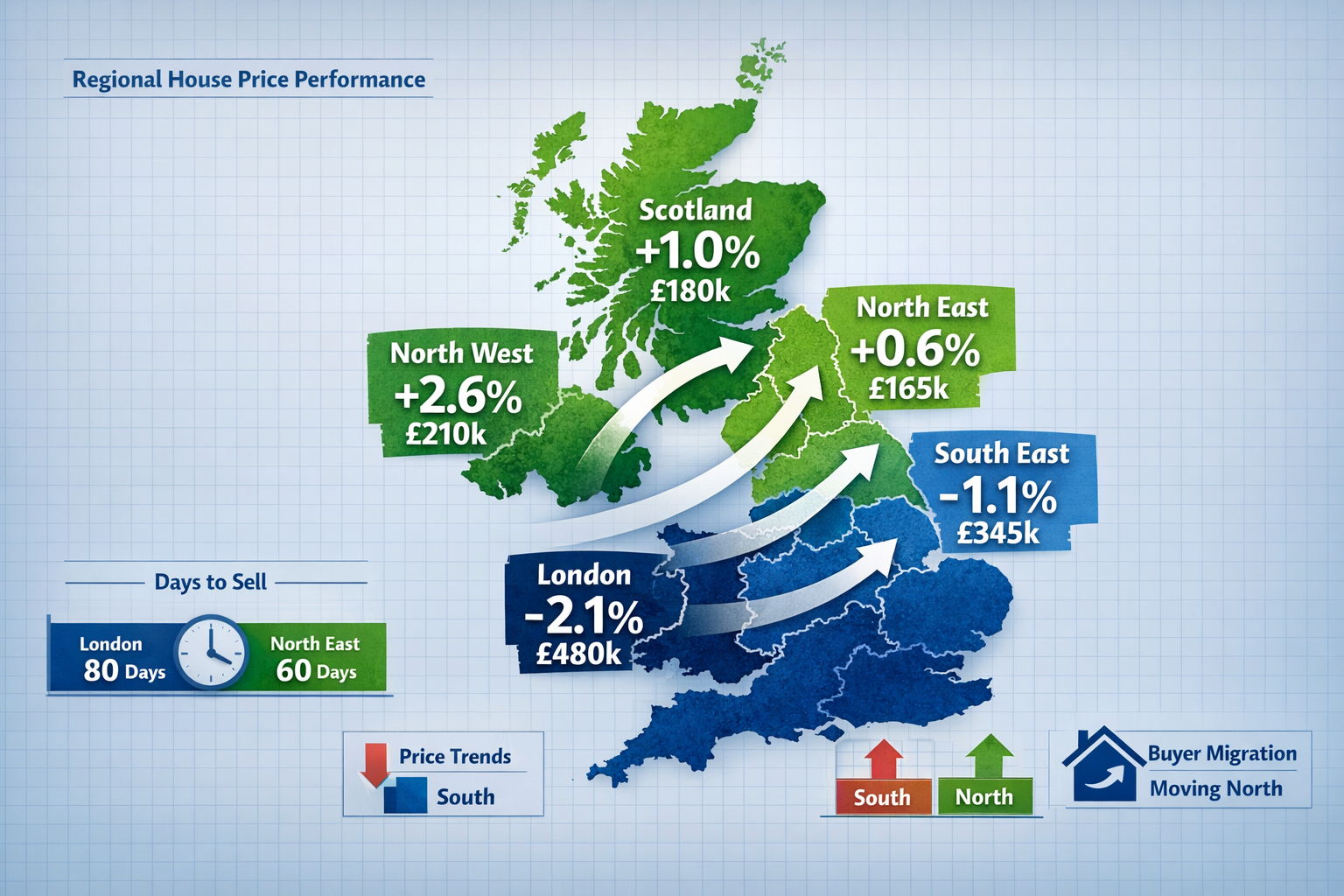 () detailed UK map infographic showing regional house price performance with color-coded regions in deep blues (declining