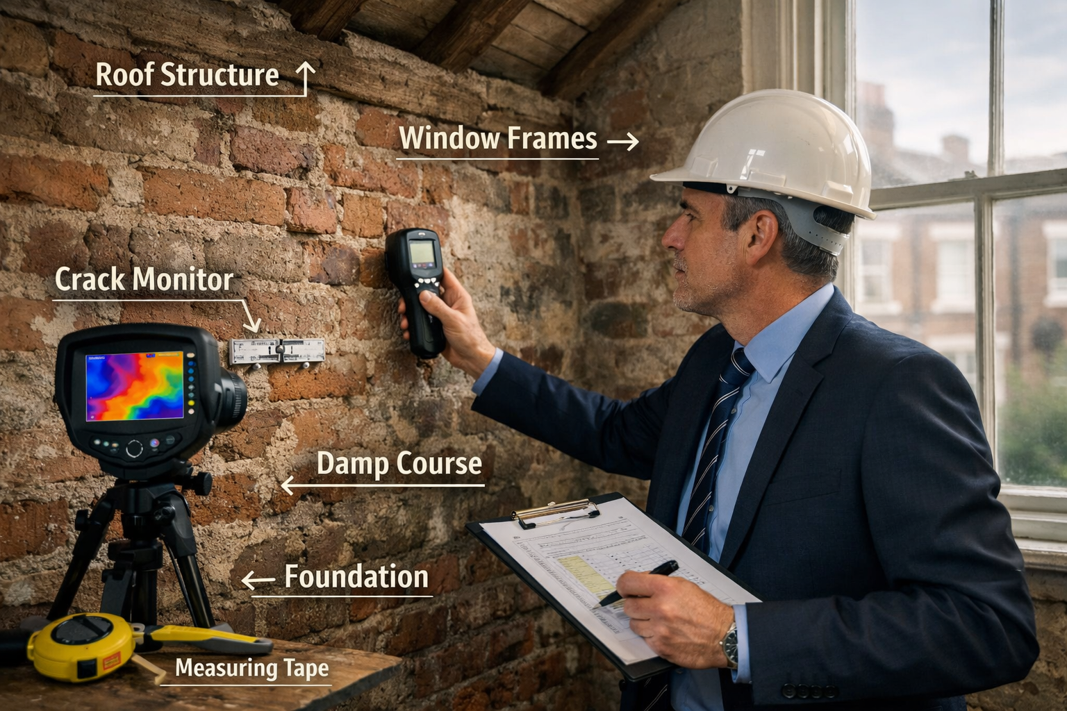 () close-up scene of chartered surveyor conducting detailed building inspection inside Victorian terraced house typical of
