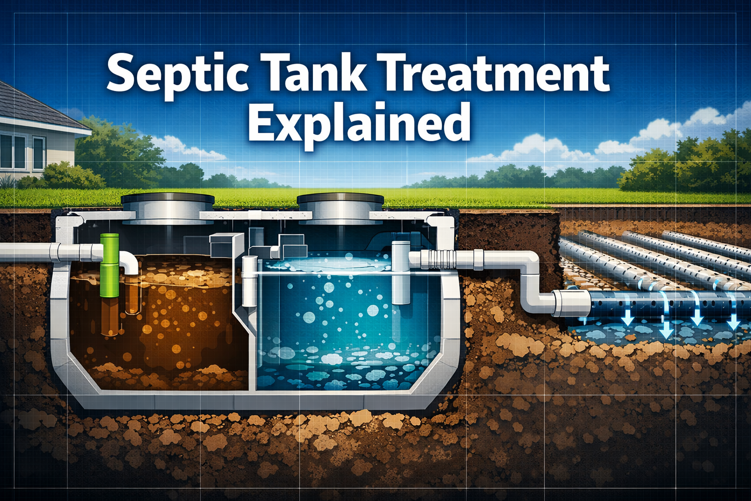 Professional landscape format (1536x1024) hero image featuring bold text overlay 'Septic Tank Treatment Explained' in extra large 72pt white