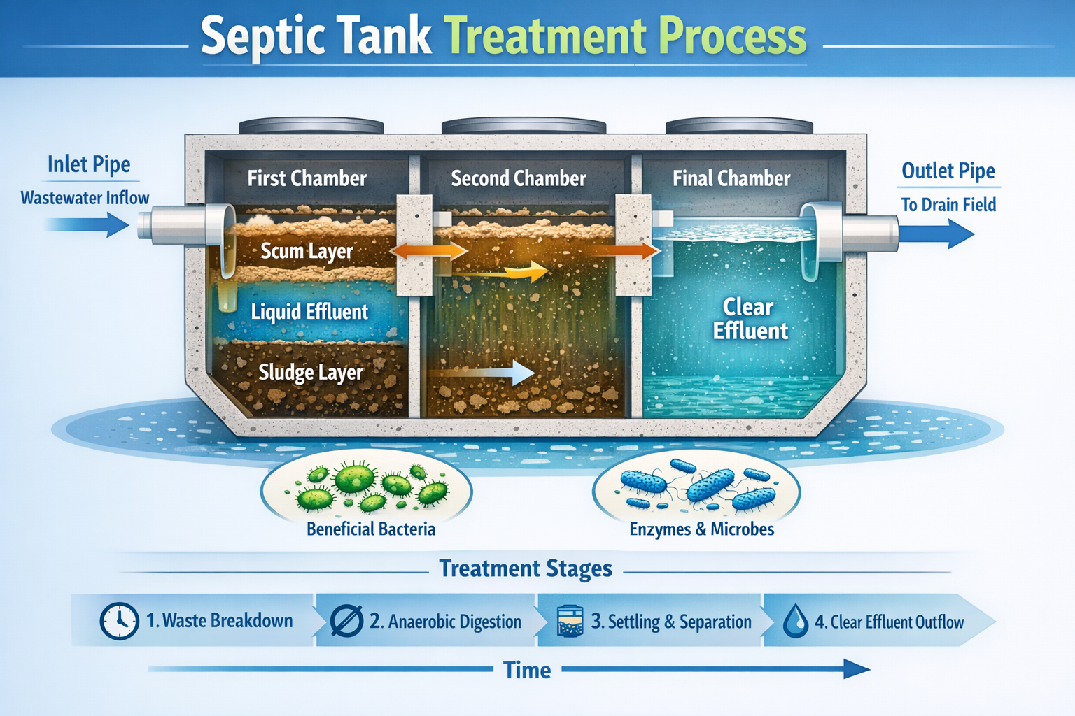 Portrait format (1024x1536) infographic showing septic tank treatment process stages with cross-section view of tank chambers, arrows indica