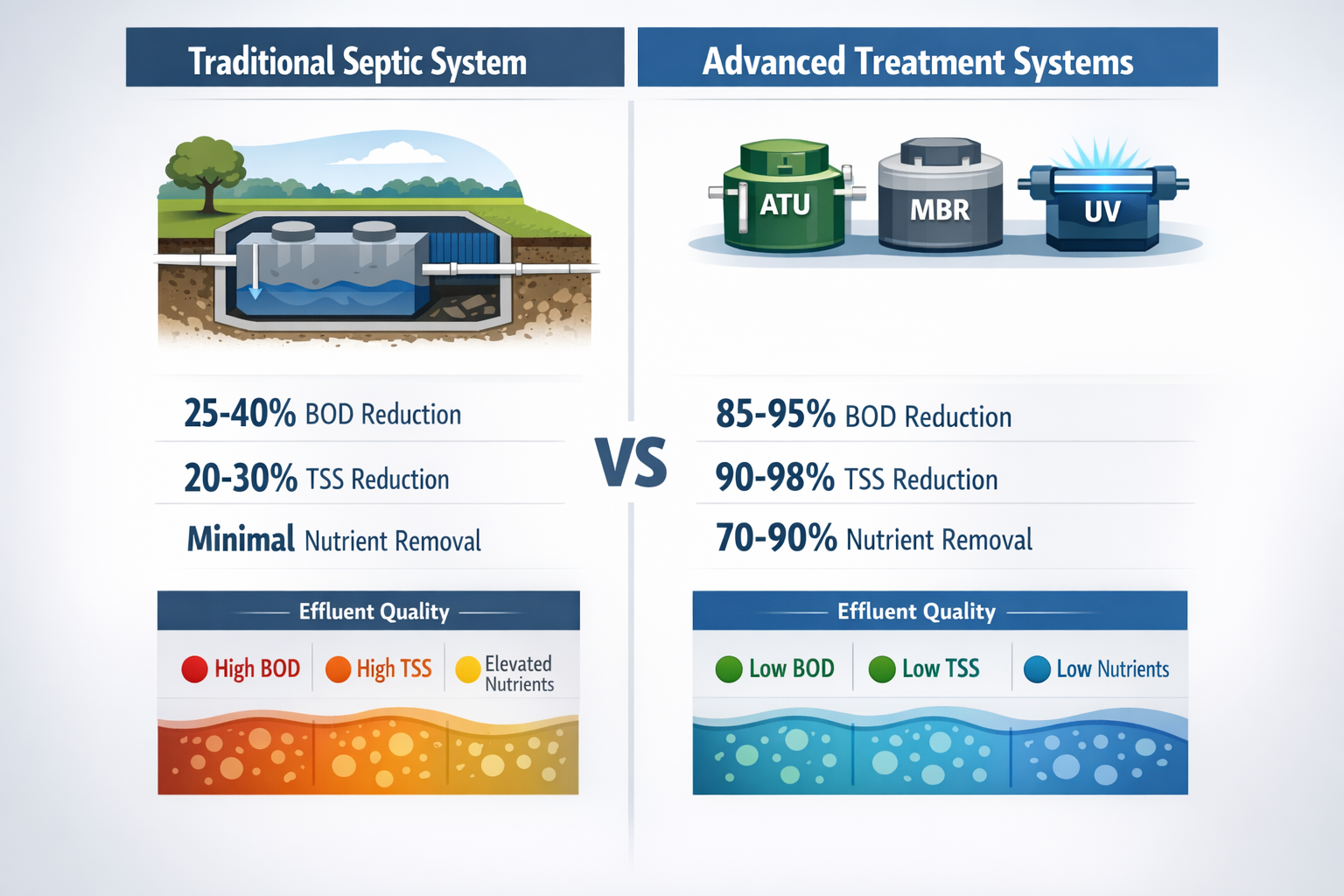 Portrait format (1024x1536) comparison chart showing traditional septic systems versus advanced treatment technologies including ATU units, 
