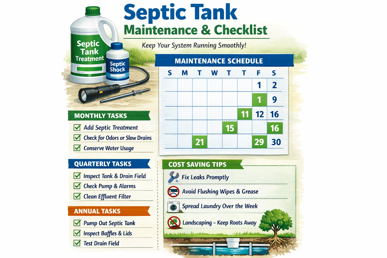 Portrait format (1024x1536) maintenance calendar and checklist design showing septic tank treatment schedule with monthly, quarterly, and an