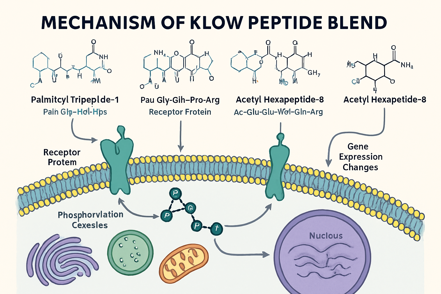 A detailed infographic illustrating the molecular structure of the Klow peptide blend components and their primary targets within a cell mem