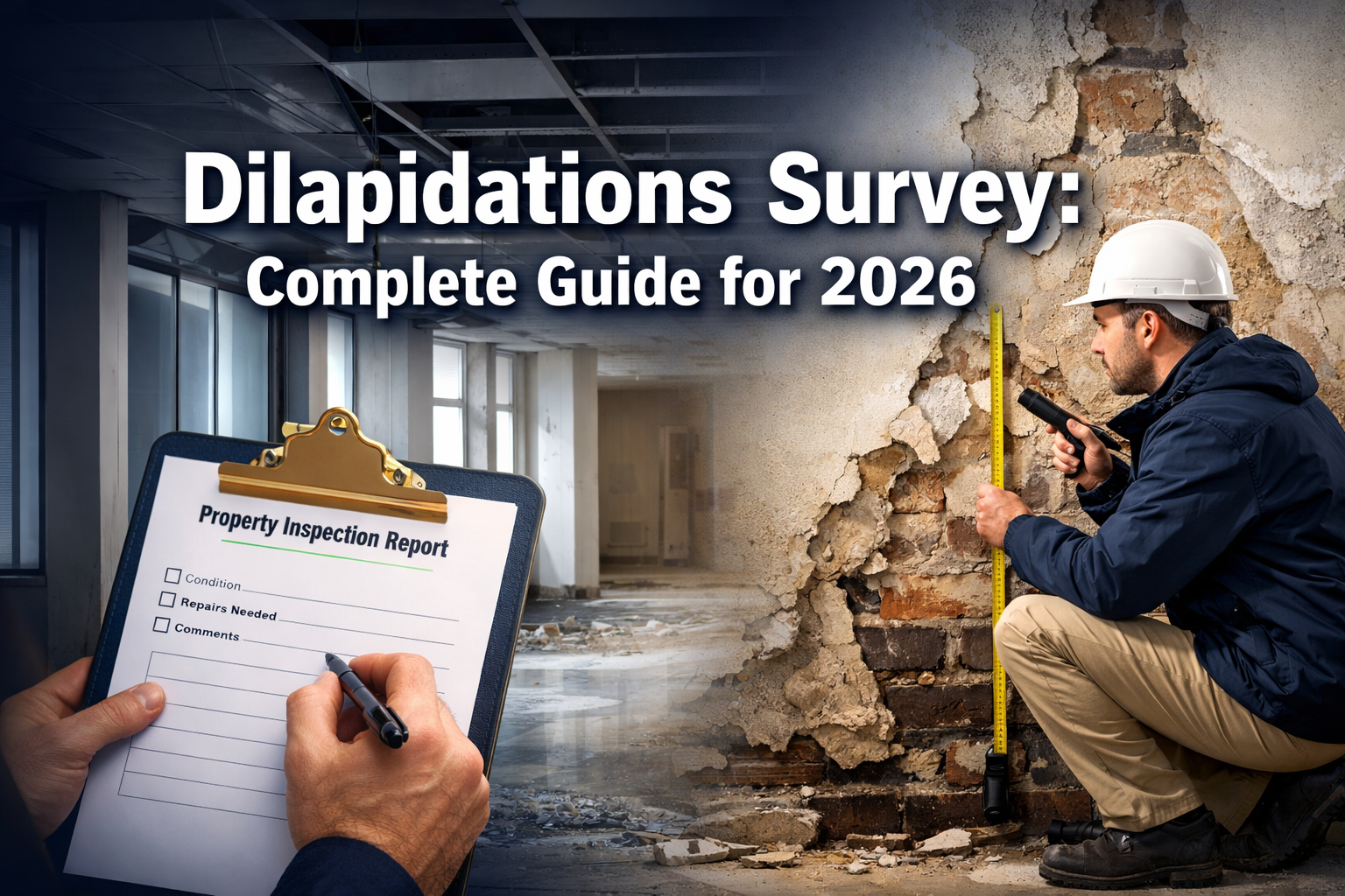 Professional landscape format (1536x1024) hero image featuring bold text overlay 'Dilapidations Survey: Complete Guide for 2026' in extra la
