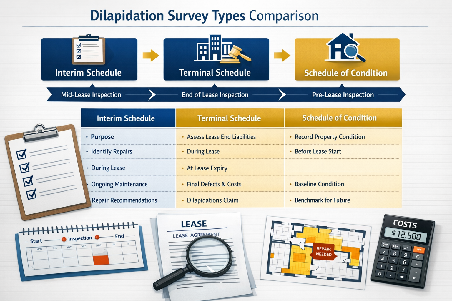 Landscape format (1536x1024) editorial image showing detailed comparison table of three dilapidation survey types: Interim Schedule, Termina