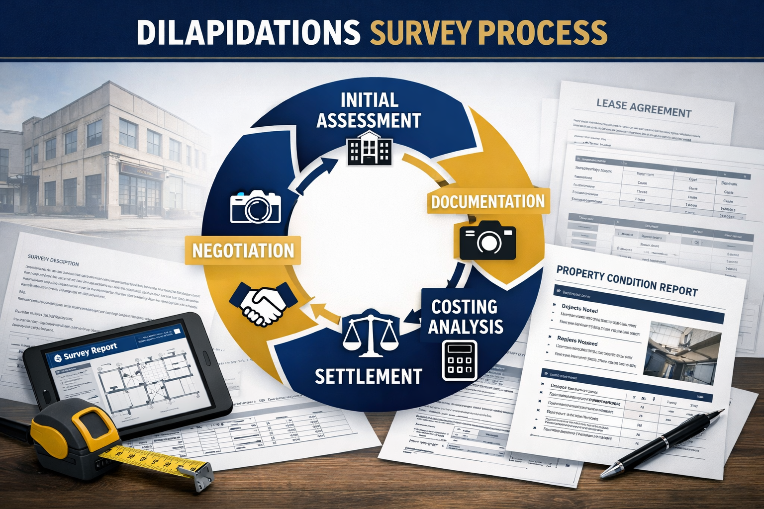 Landscape format (1536x1024) professional composition showing dilapidations survey process workflow. Center features circular diagram with f