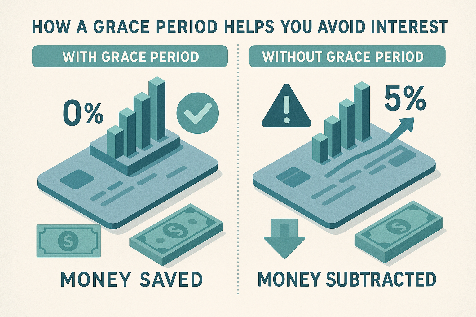 Detailed financial visualization demonstrating 'How a Grace Period Helps You Avoid Interest' with split-screen comparison. Left side shows s