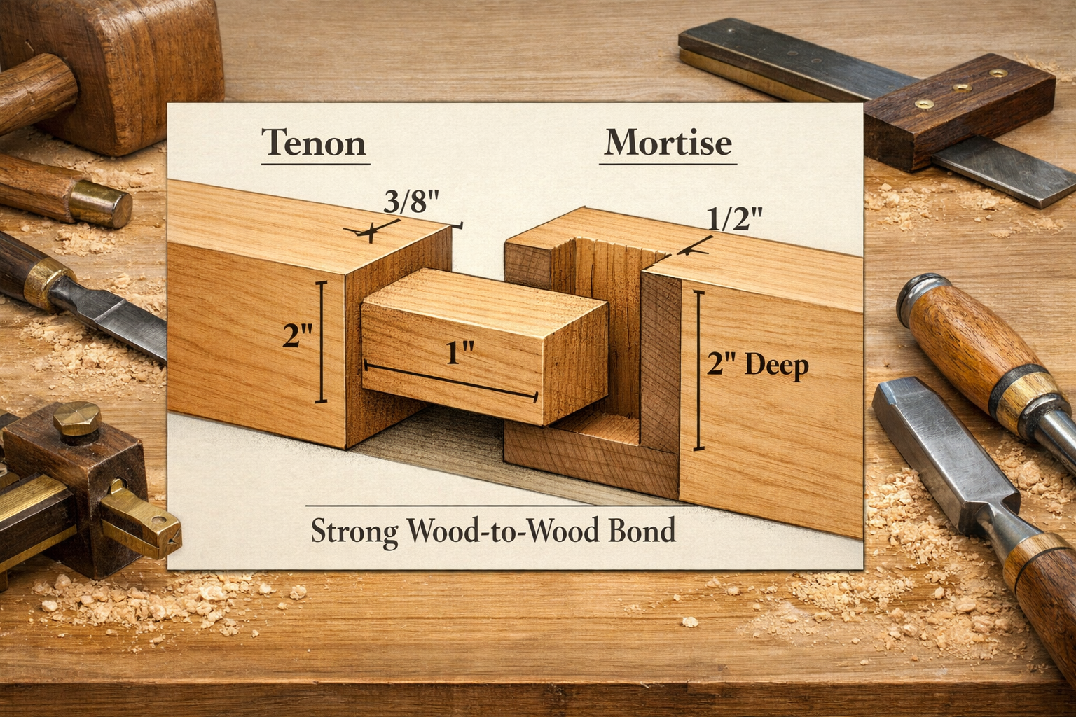 Detailed () image illustrating a cross-section diagram of a precisely cut mortise and tenon joint, clearly labeled with