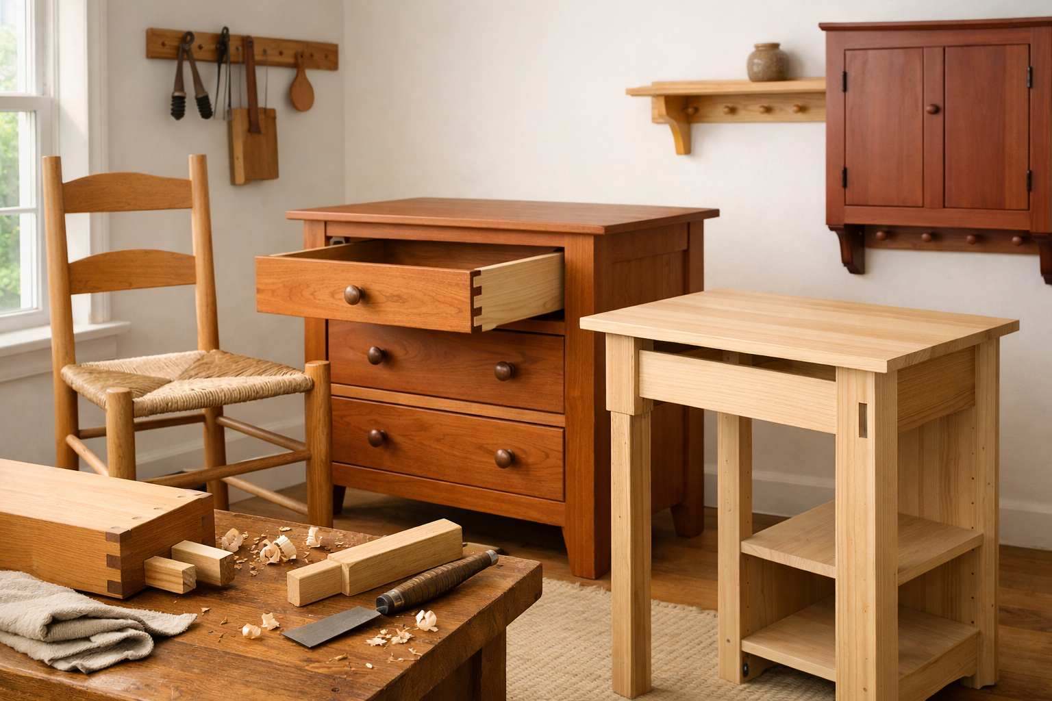 A vibrant () image featuring a diverse collection of Shaker furniture pieces (e.g., a chair, a table, a cabinet) in