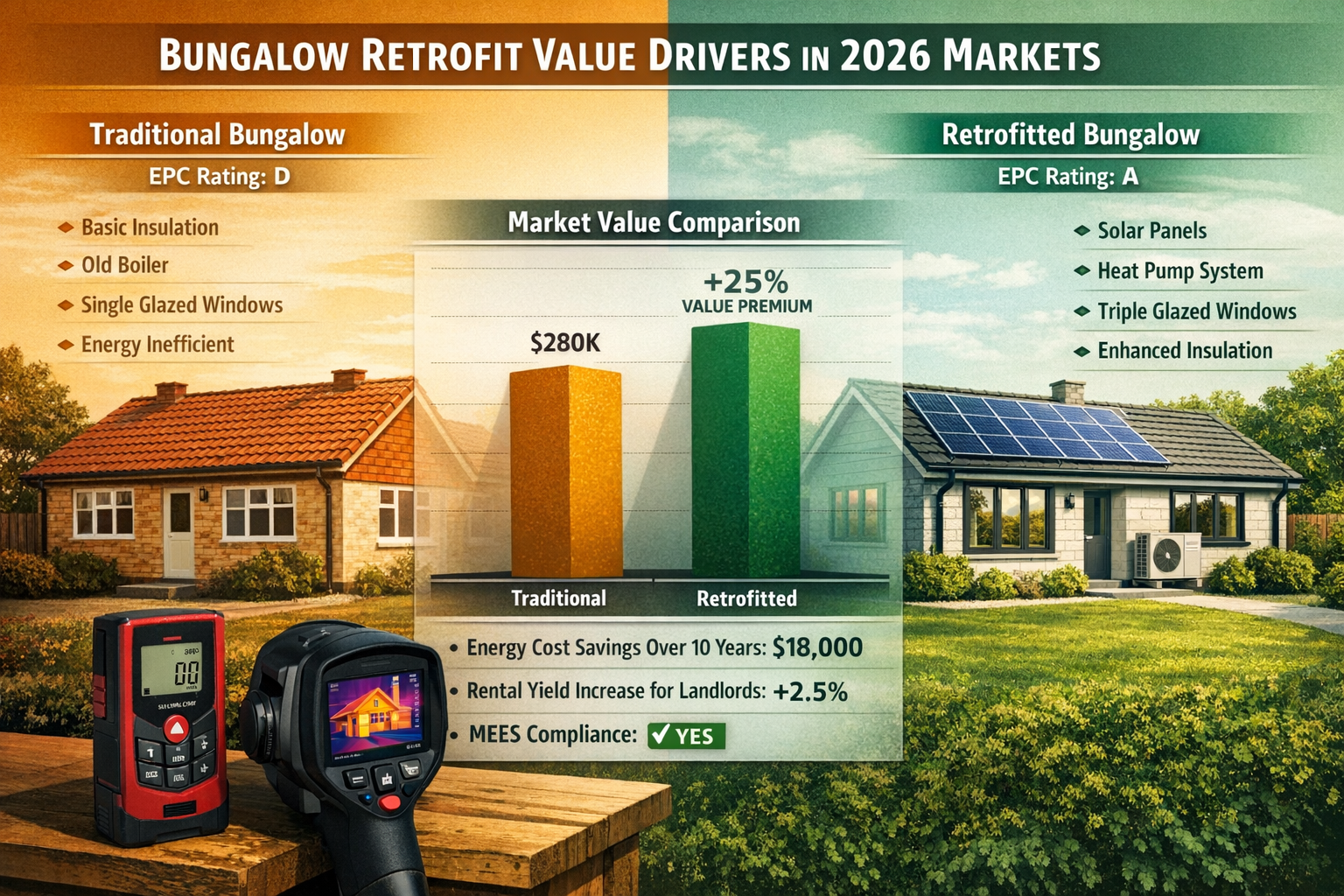 Detailed landscape format (1536x1024) comparative analysis visualization showing bungalow retrofit value drivers in 2026 markets. Split-pane
