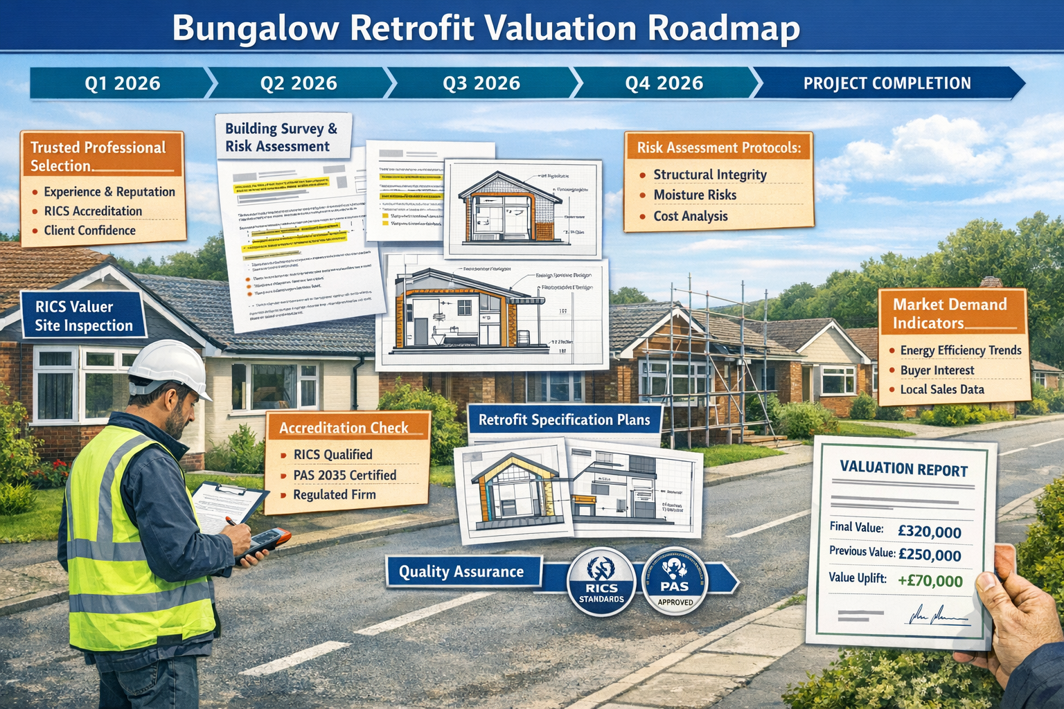 Detailed landscape format (1536x1024) implementation roadmap illustration for RICS-compliant bungalow retrofit valuation process. Timeline-s