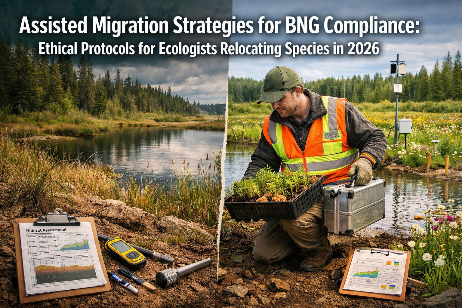 Professional () hero image featuring 'Assisted Migration Strategies for BNG Compliance: Ethical Protocols for Ecologists