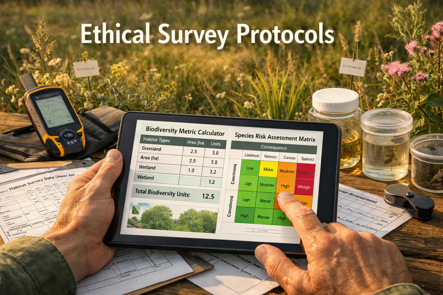 Detailed () image showing close-up of ecologist's hands holding tablet displaying biodiversity metric calculator and species
