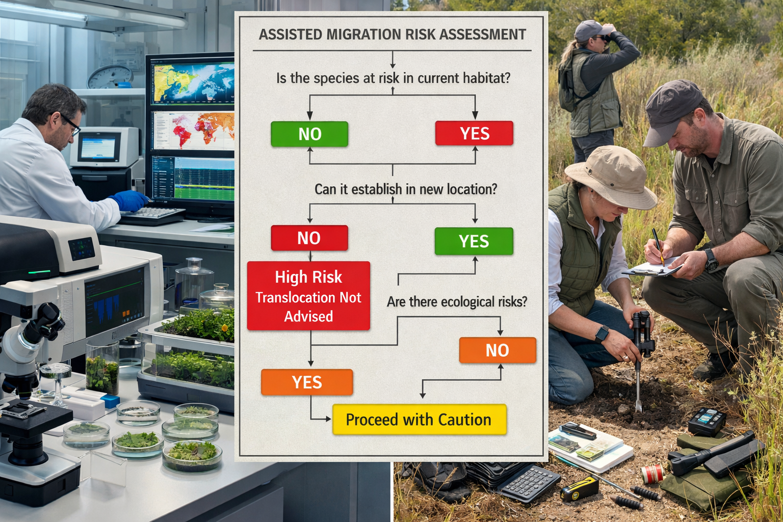 Wide-angle () image depicting split-screen comparison of assisted migration risk assessment process: left side shows
