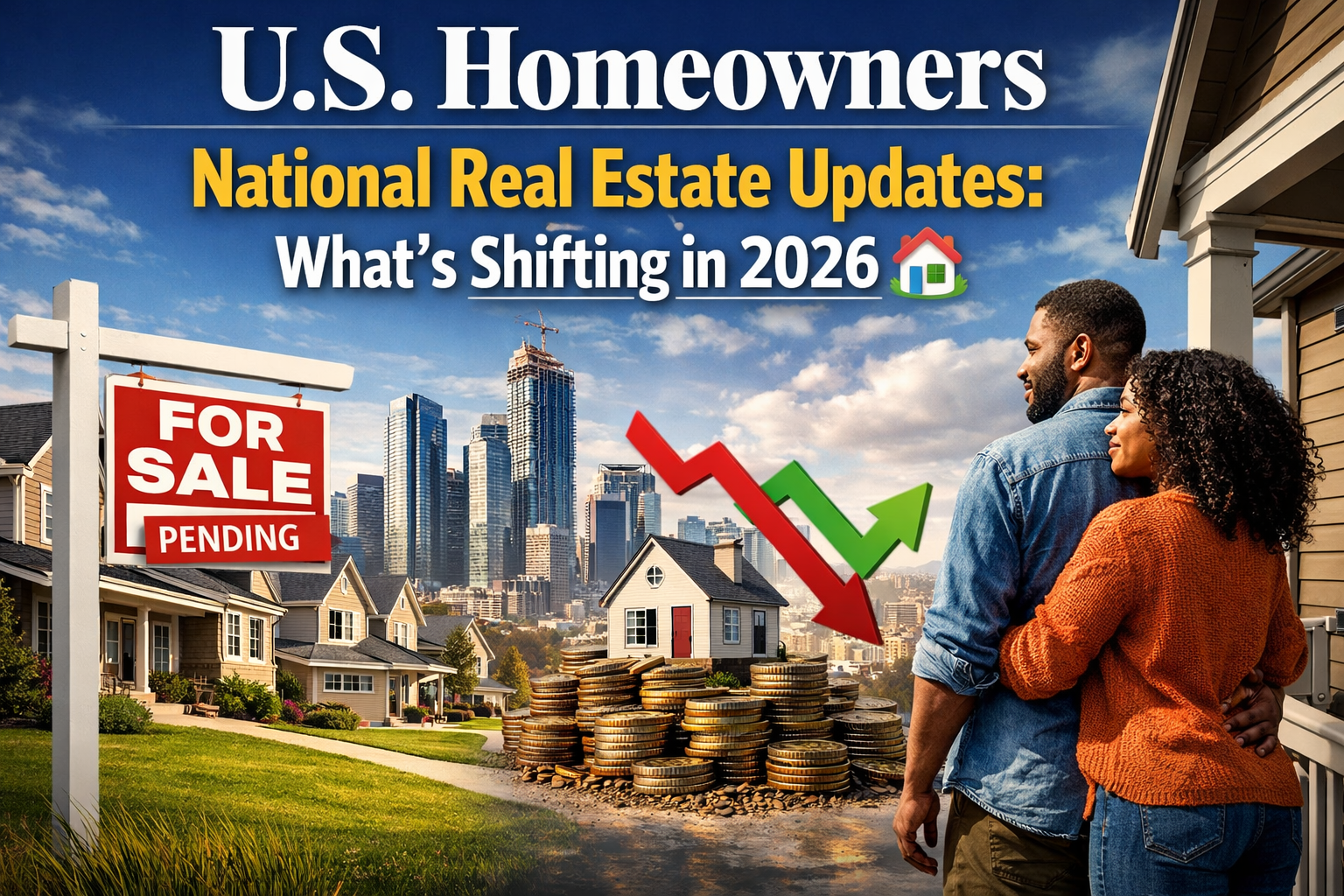 Professional landscape hero image (1536x1024) with bold text overlay: "U.S Homeowners National Real Estate Updates: What's Shifting in 2026 