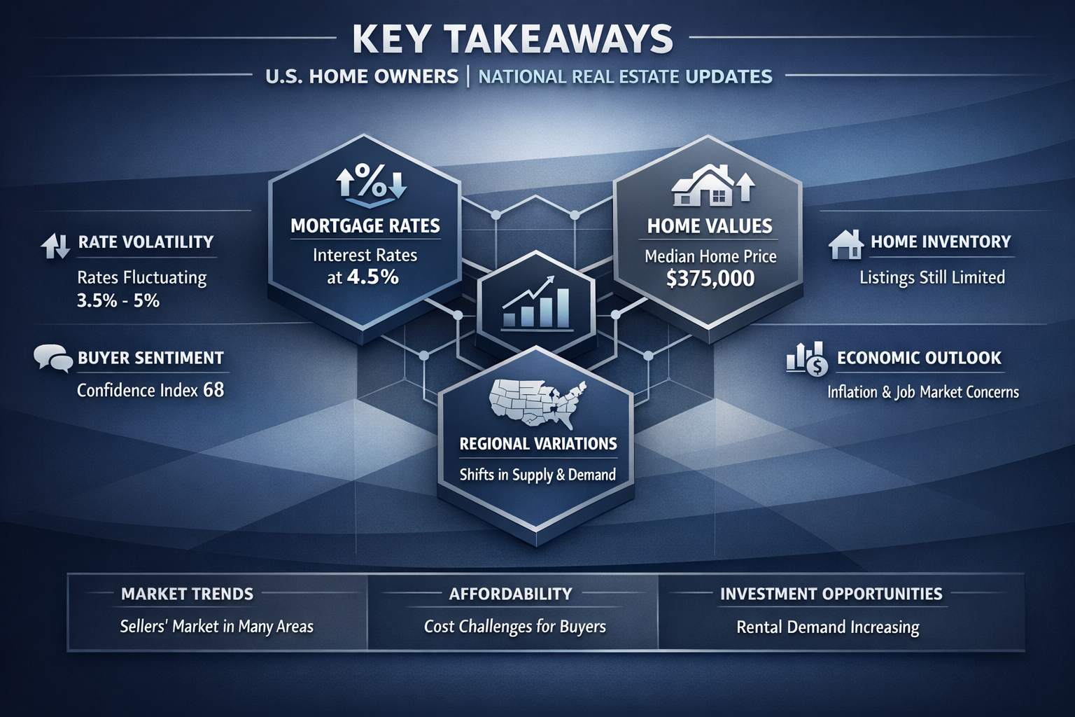 Comprehensive editorial infographic visualizing 'Key Takeaways' for U.S. Home Owners National Real Estate Updates. Central graphic shows int