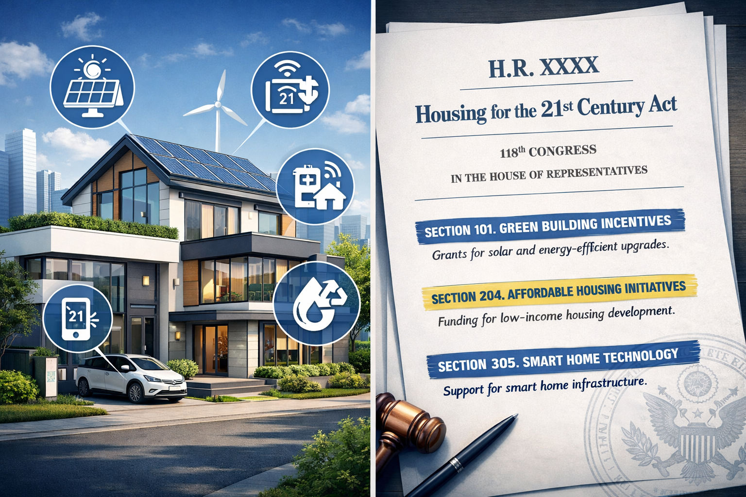 Dynamic architectural rendering depicting 'Housing for the 21st Century Act' legislative breakthrough. Split-screen visualization showing co