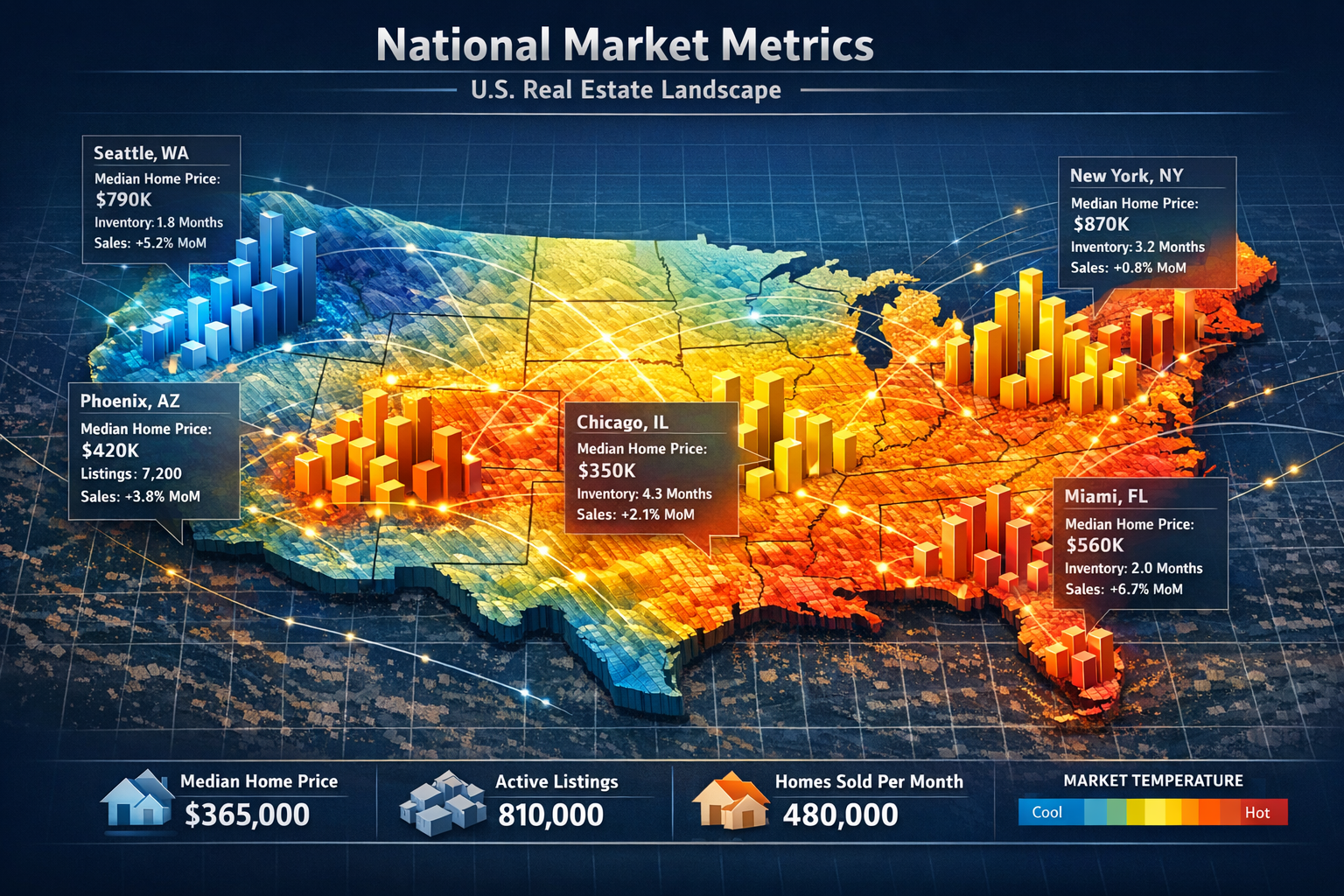 Comprehensive data visualization map of 'National Market Metrics' for U.S. real estate landscape. Topographical heat map of United States sh