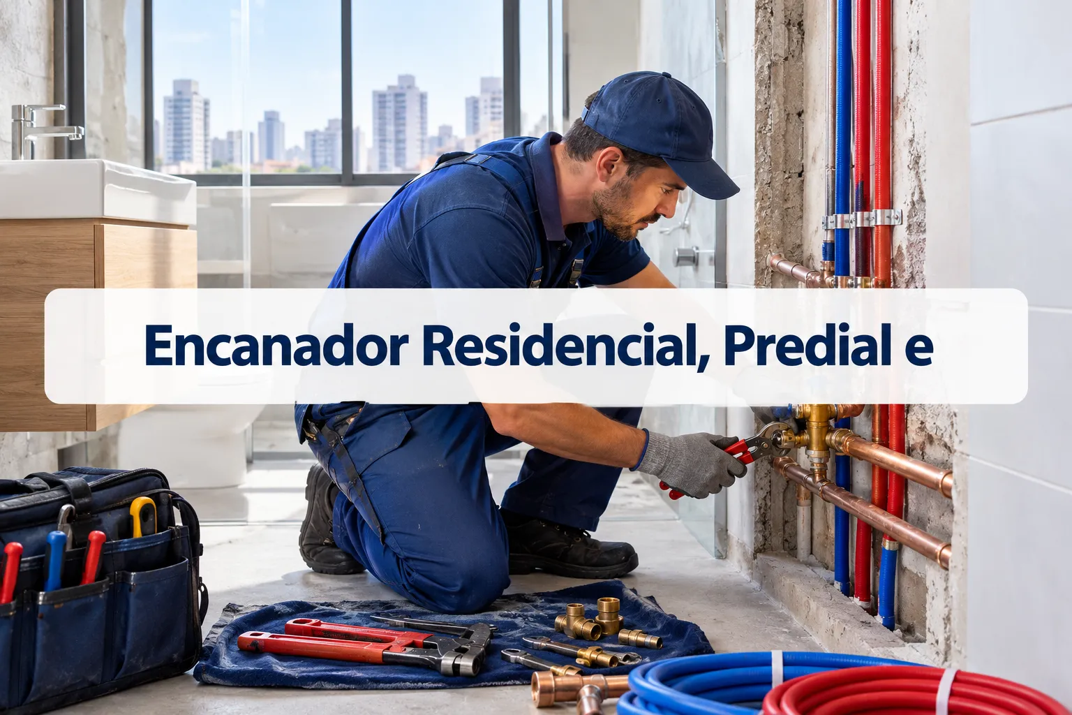 Professional () hero image with SHORT (≤42 chars): 'Encanador Residencial, Predial e', navy on a white semi-transparent