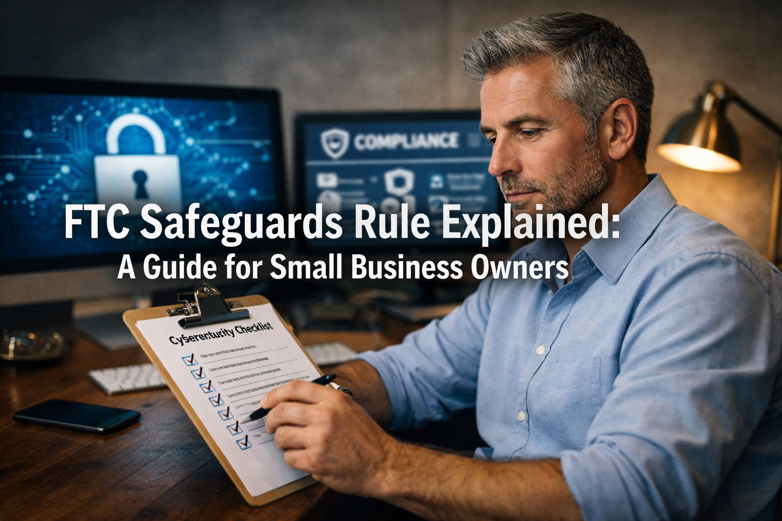 Professional () hero image with 'FTC Safeguards Rule Explained: A Guide for Small Business Owners' in white with dark , .