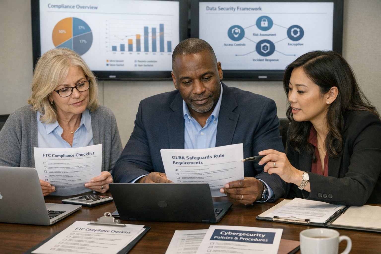 () image showing diverse small business owners in professional office setting reviewing FTC compliance documents and