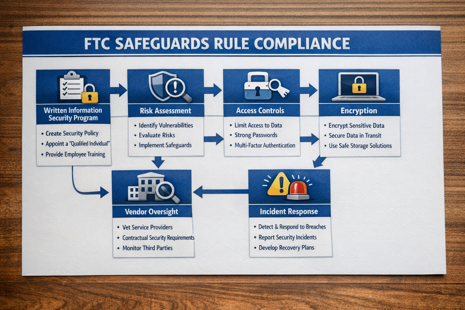 () detailed infographic visualization showing FTC Safeguards Rule compliance requirements as interconnected flowchart. Six