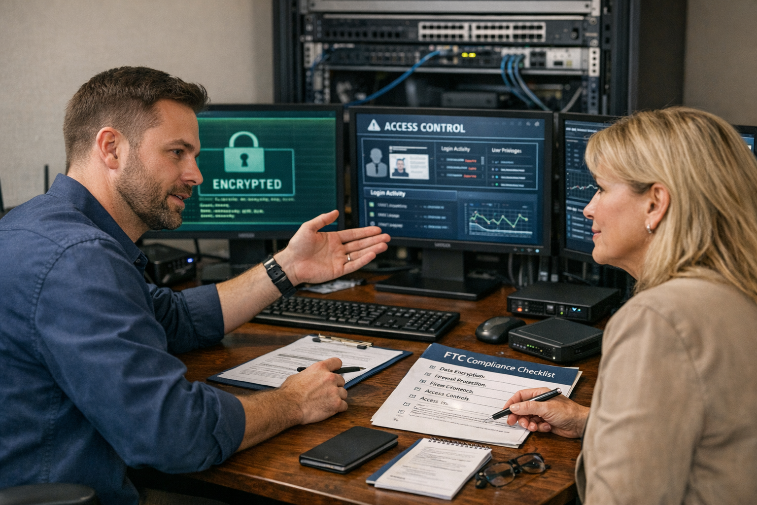 () image of small business cybersecurity implementation in action. IT professional working with business owner to install