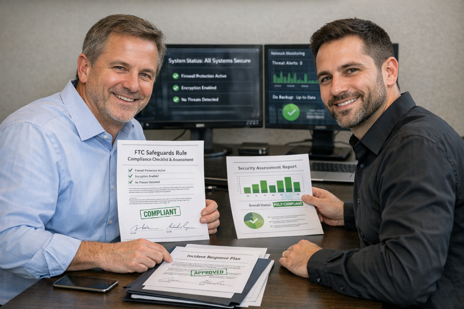 () image showing completed FTC Safeguards Rule compliance checklist and assessment results. Professional business owner and
