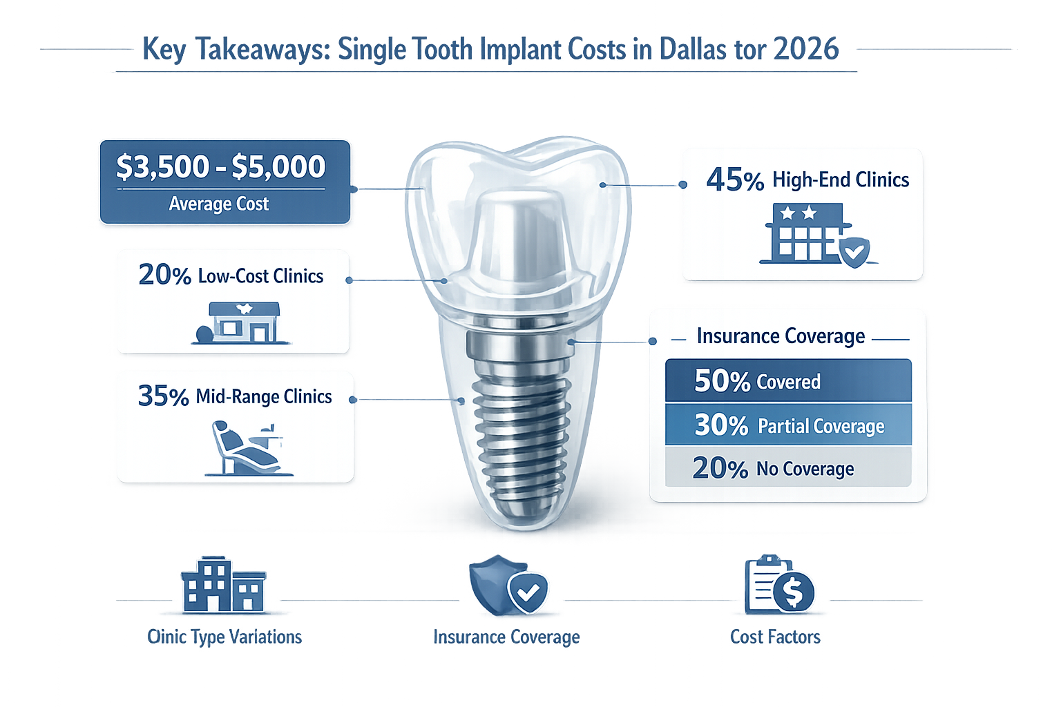 Key Takeaways section infographic visualizing single tooth implant costs in Dallas for 2026. Central graphic shows a transparent dental impl