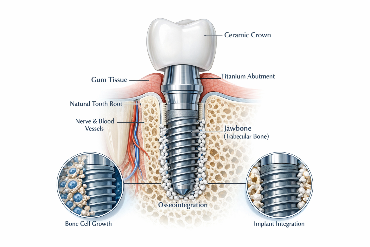 Technical cross-section illustration explaining single tooth implant components for 2026 Dallas market. Detailed medical-grade rendering sho