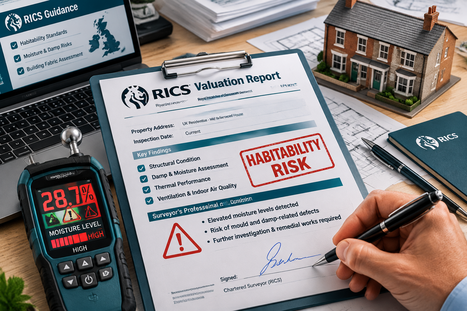 () close-up overhead shot of a UK RICS valuation report on a desk, with a red-stamped 'HABITABILITY RISK' warning box