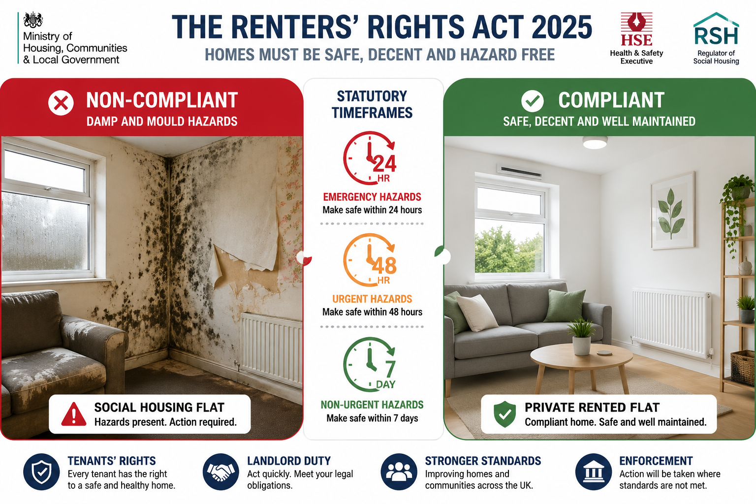 () split infographic-style image showing two contrasting rental properties side by side: left panel shows a damp-affected