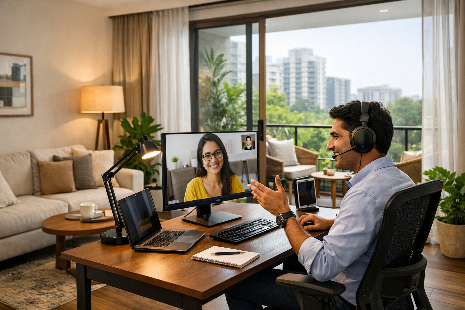 () image showing a bright, Gurgaon. The focus is on a dedicated, ergonomic workspace setup: a sleek desk with a