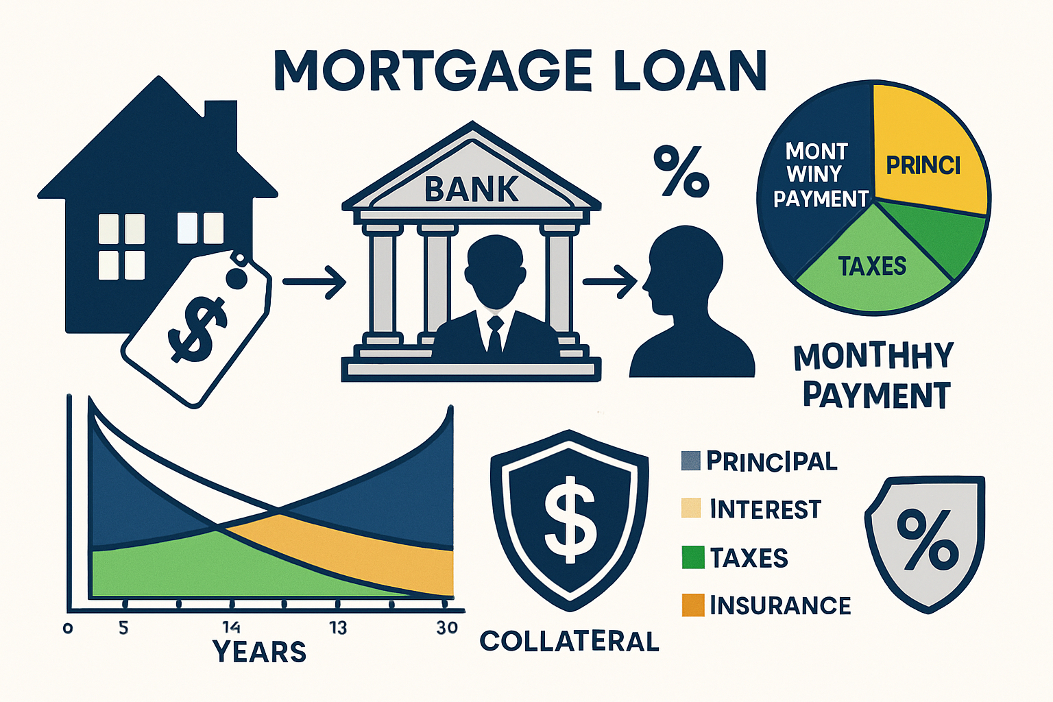 Detailed infographic illustration showing mortgage loan structure and flow (1536x1024): Left side displays house icon with price tag, center