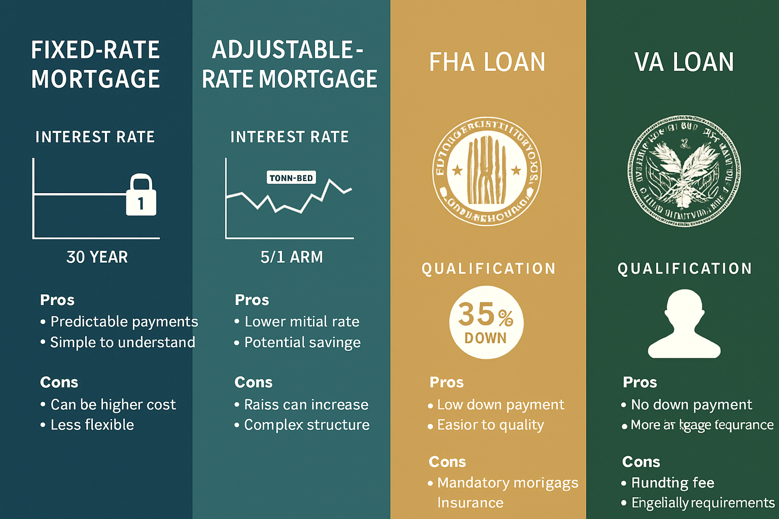 Comprehensive visual comparison chart (1536x1024) displaying four types of mortgages side by side: Fixed-Rate Mortgage column (stable line g