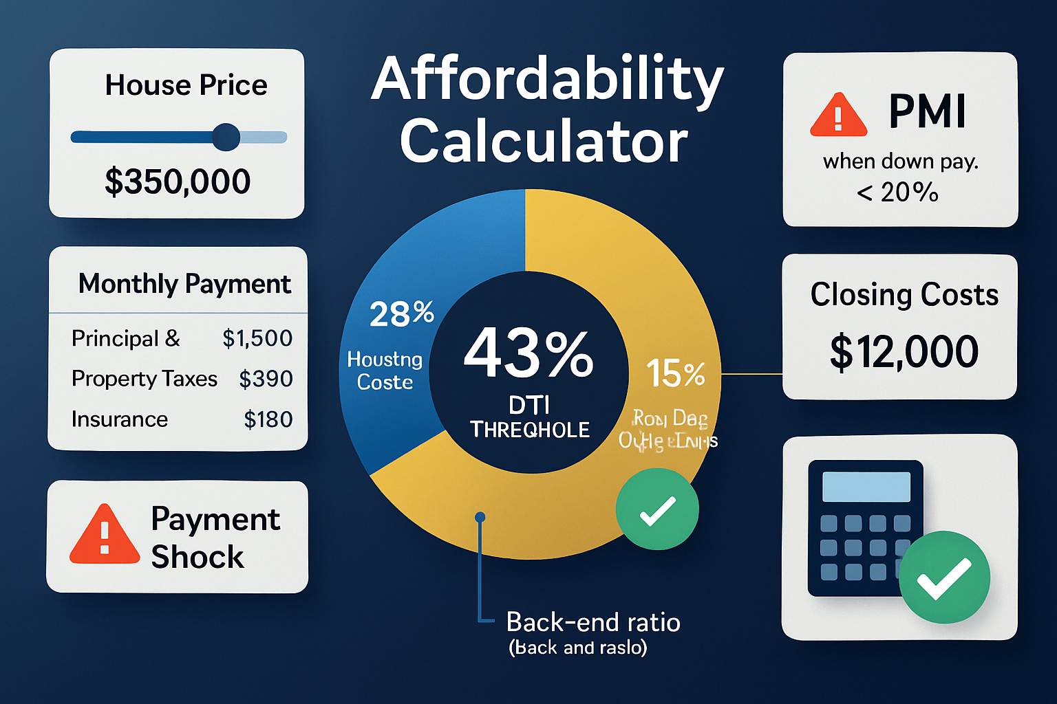 Interactive affordability calculator visualization (1536x1024) showing debt-to-income ratio breakdown: Central circular diagram with 43% DTI