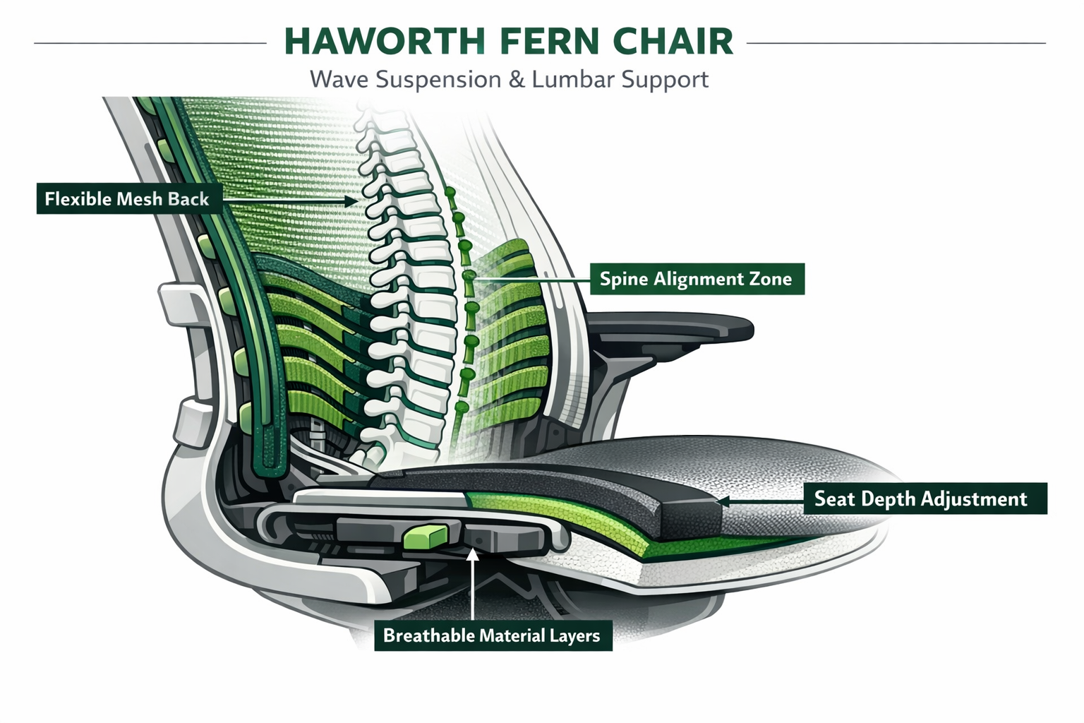 Detailed landscape format (1536x1024) editorial illustration showing a close-up technical cross-section diagram of the Haworth Fern Chair's wave suspension system and lumbar support architecture, with labeled callout arrows pointing to the flexible mesh back, spine alignment zone, seat depth adjustment mechanism, and breathable material layers. Clean white background with forest green and charcoal accent colors, professional infographic style, biomechanical design focus, premium office furniture aesthetic, high contrast labels.