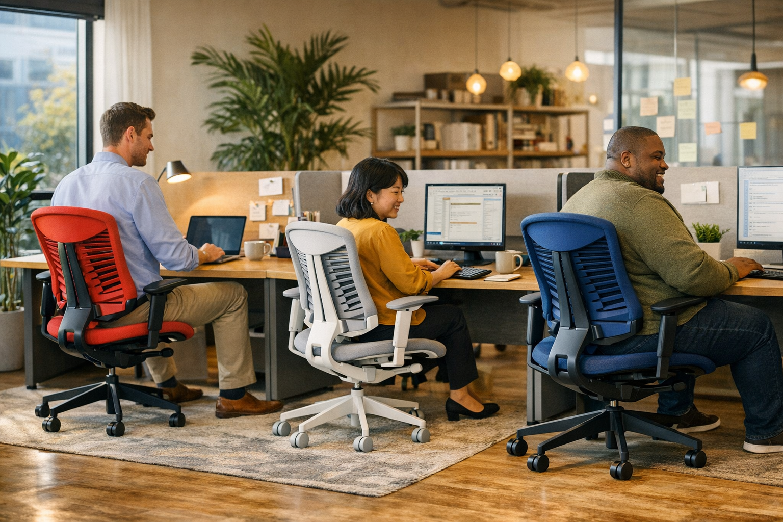 Detailed landscape format (1536x1024) lifestyle photograph showing a diverse group of office professionals — one tall person, one petite person, one larger-framed individual — each seated comfortably in a Haworth Fern Chair at different workstations in a bright modern open-plan office. Each chair shown in a different color configuration. Overhead natural lighting, plants visible, productivity-focused atmosphere, warm editorial tones, showcasing real-world ergonomic adaptability and inclusive design for different body types.