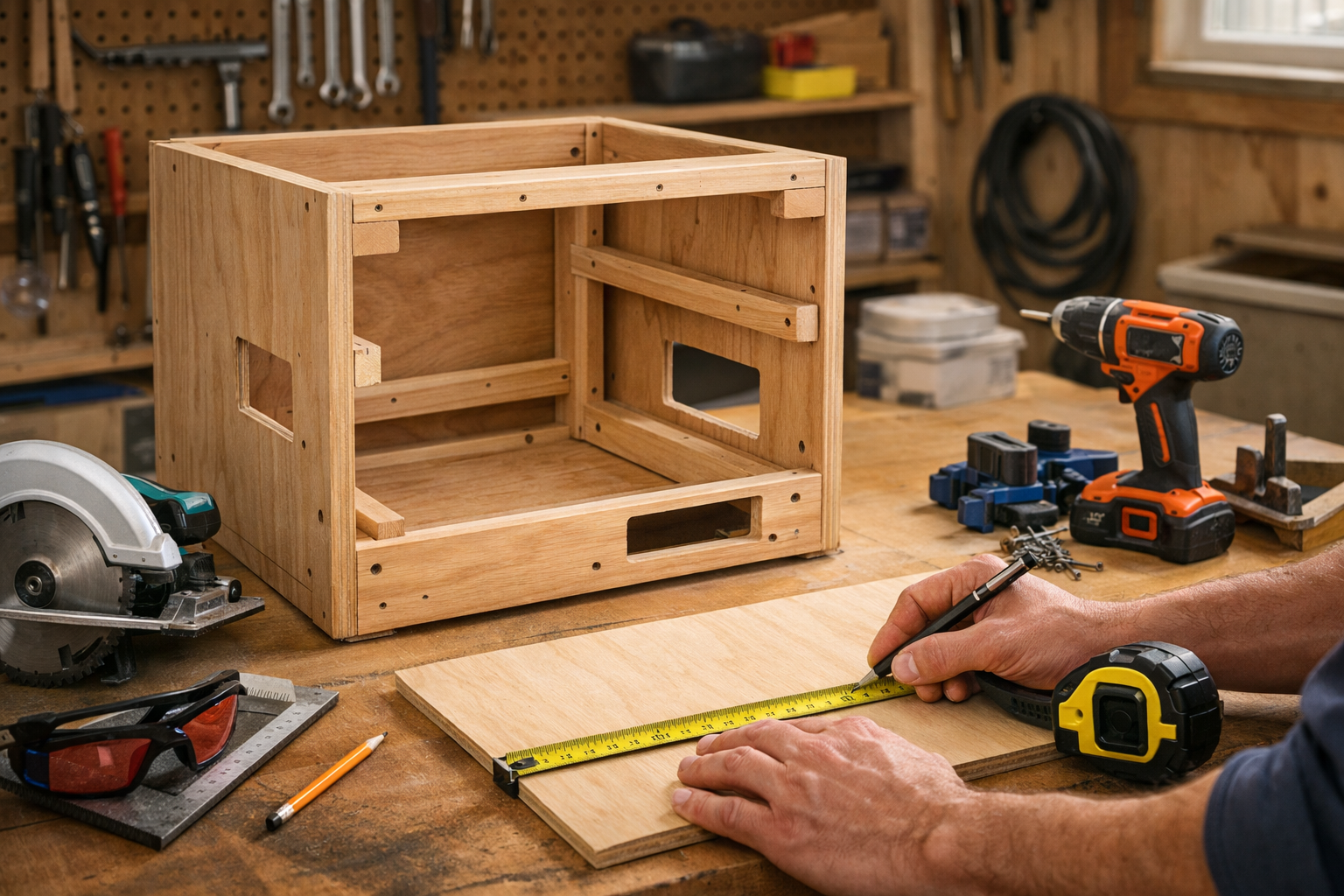 A detailed, eye-level landscape shot () inside a well-organized workshop. Focus on a partially constructed wooden enclosure