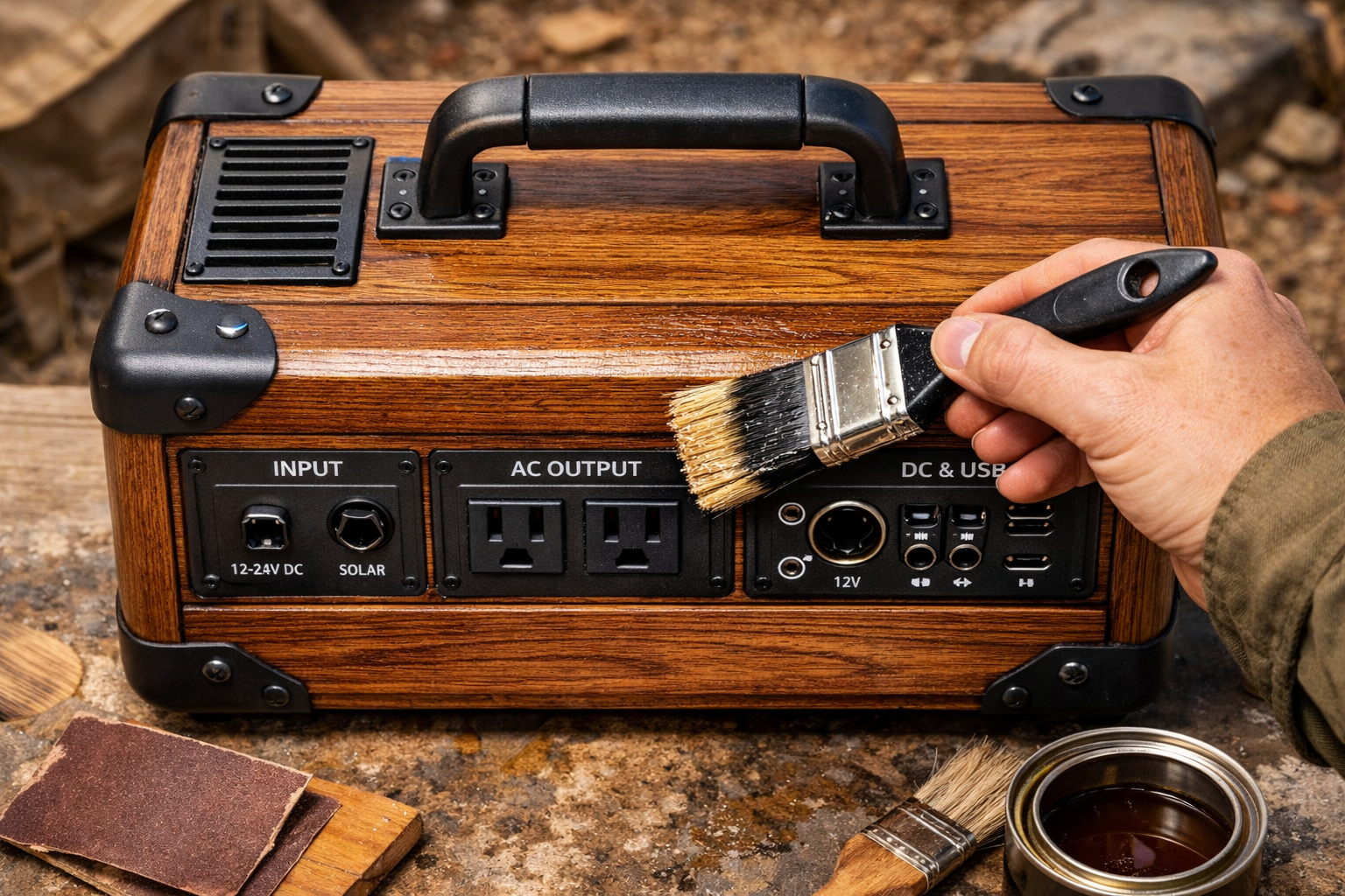 A detailed close-up, top-down landscape shot () of a portable power station enclosure nearing completion. Show a hand