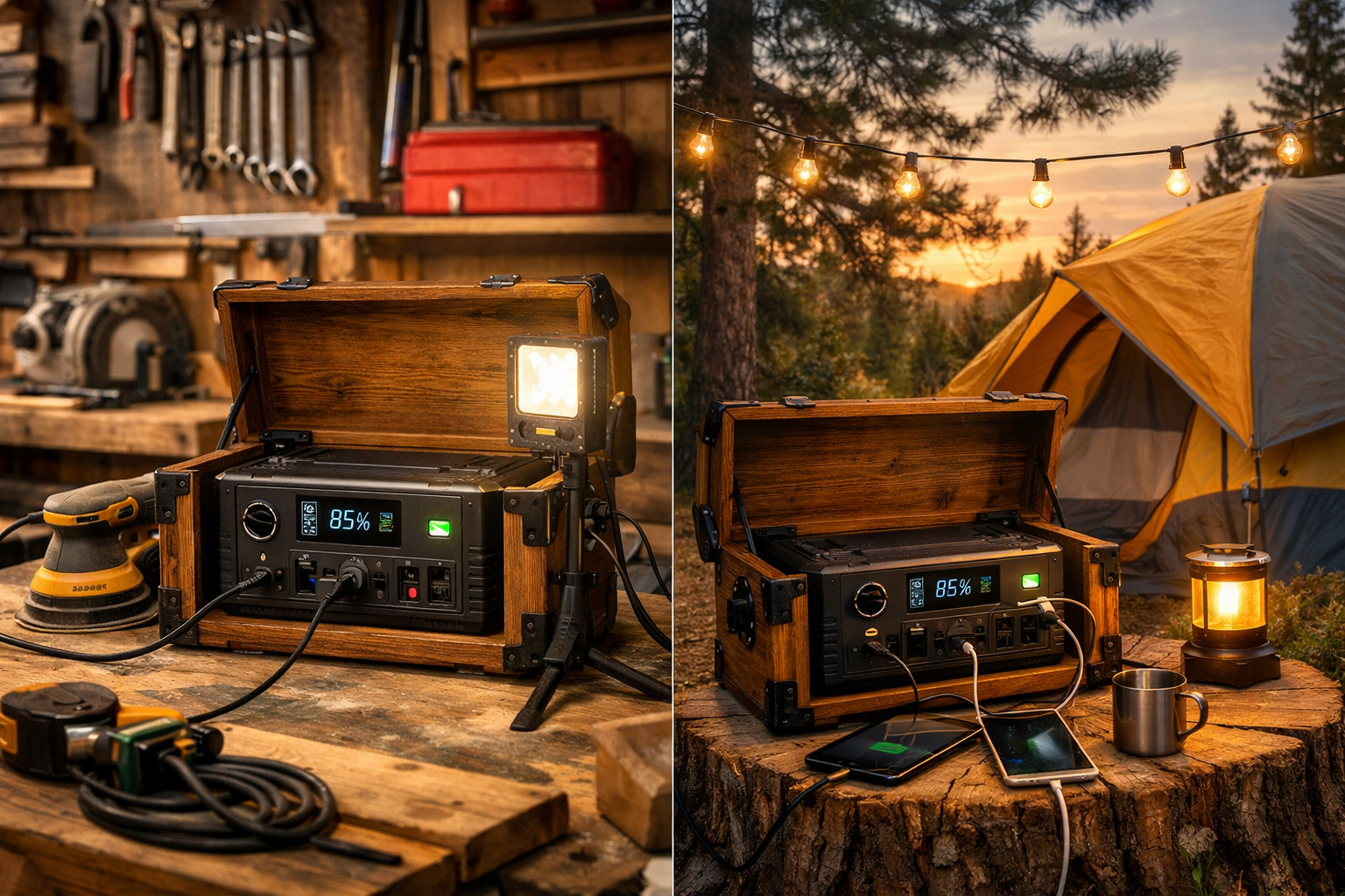 A vibrant landscape shot () showing the finished DIY portable power station enclosure in a practical, real-world scenario.