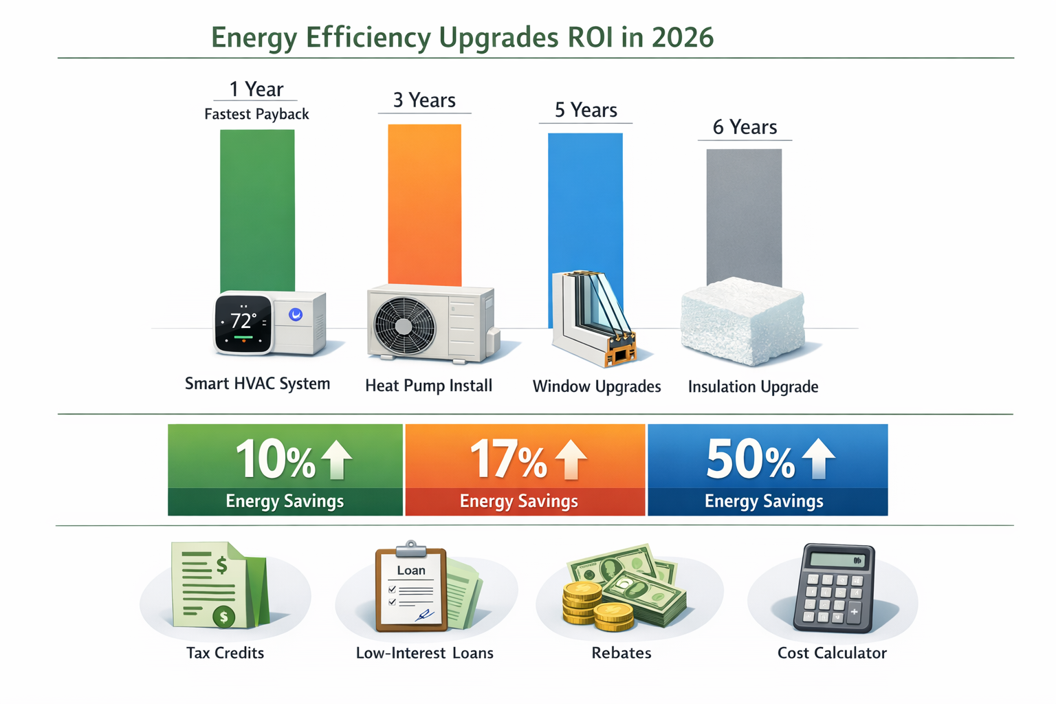 Detailed landscape format (1536x1024) infographic-style image displaying comprehensive ROI comparison chart for different energy efficiency