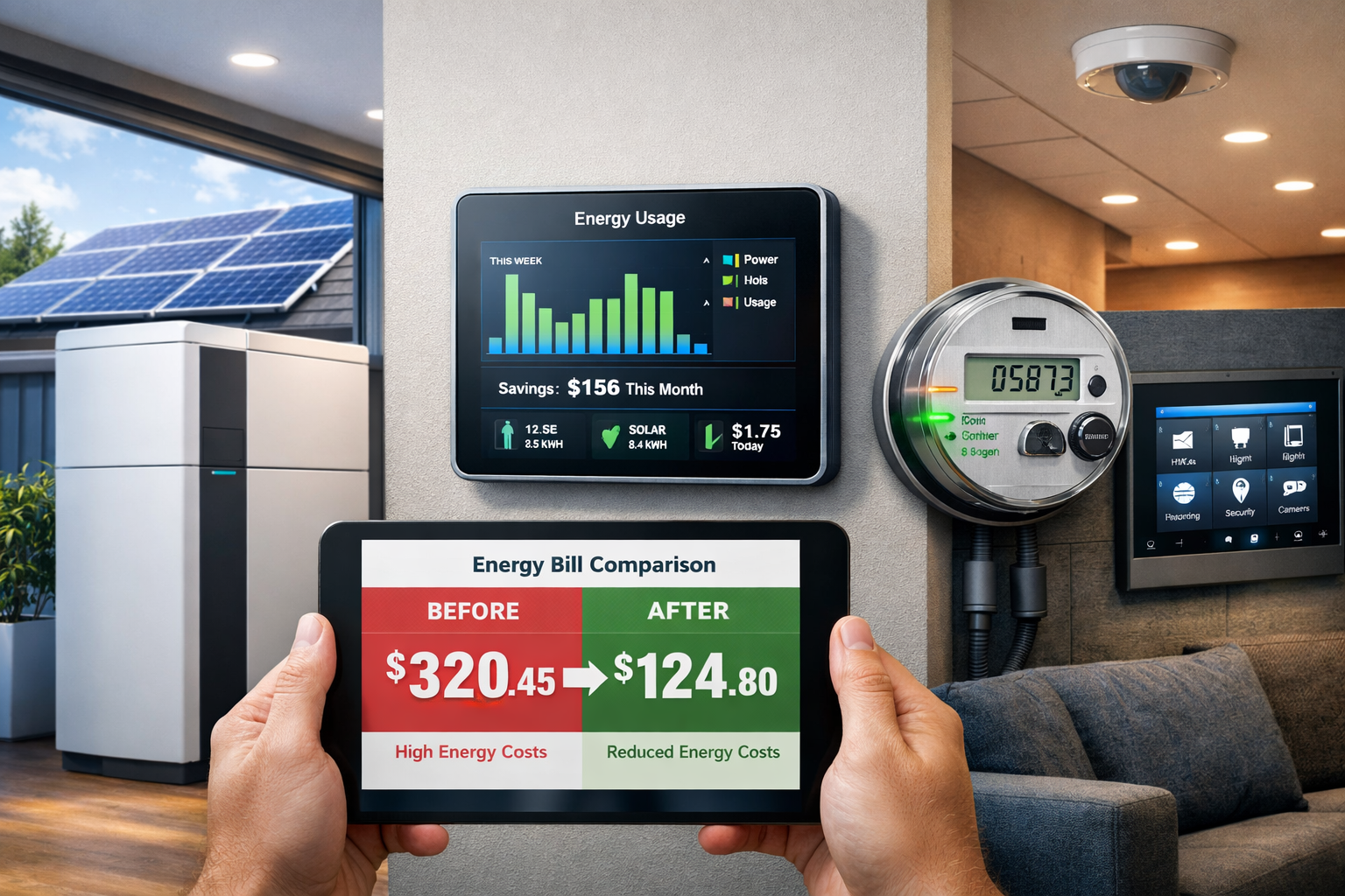 Detailed landscape format (1536x1024) image showcasing modern smart building technology integration in retrofitted property. Central focus o