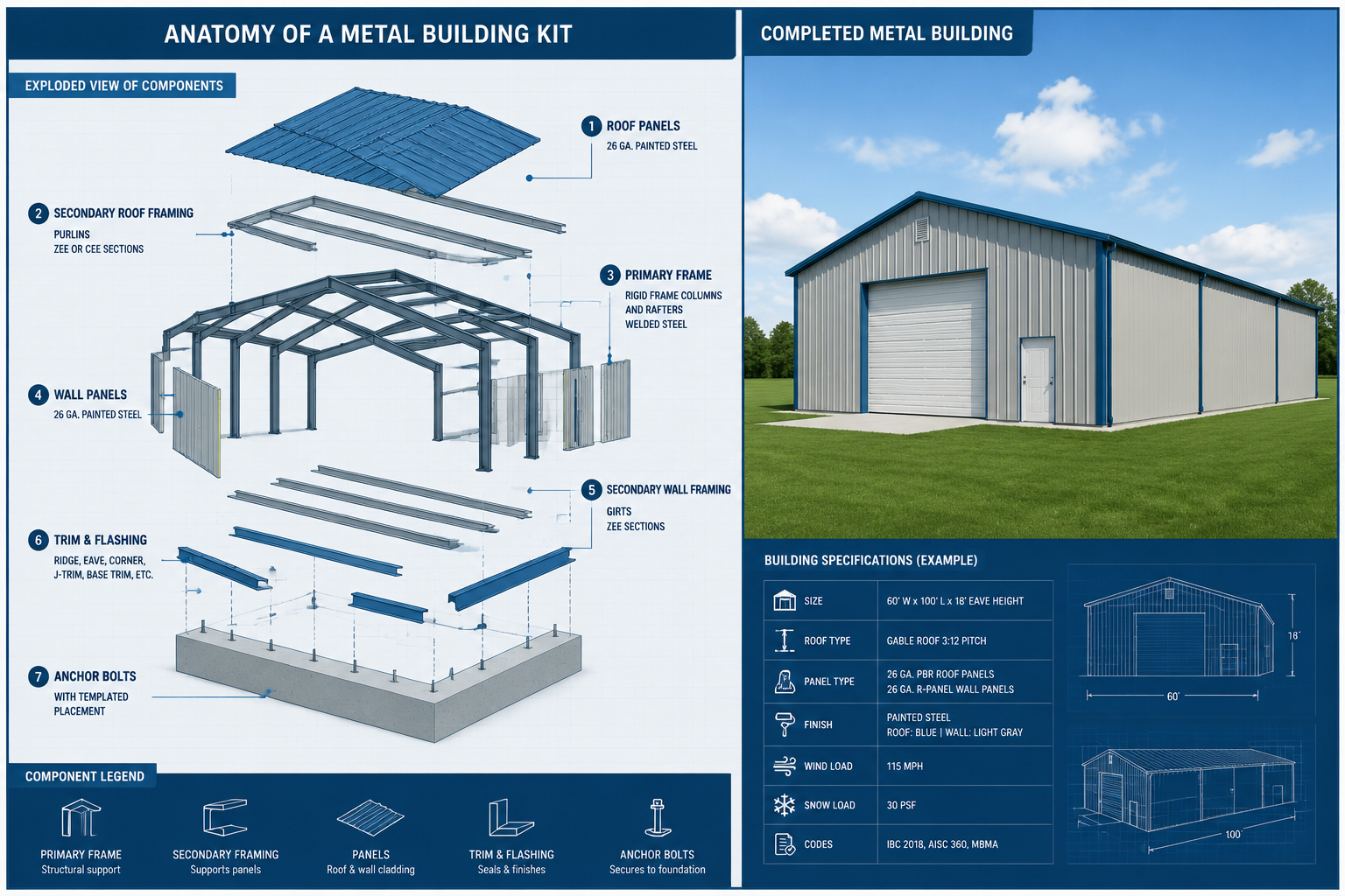 Detailed () split-panel infographic illustration showing the anatomy of a metal building kit: left panel displays an