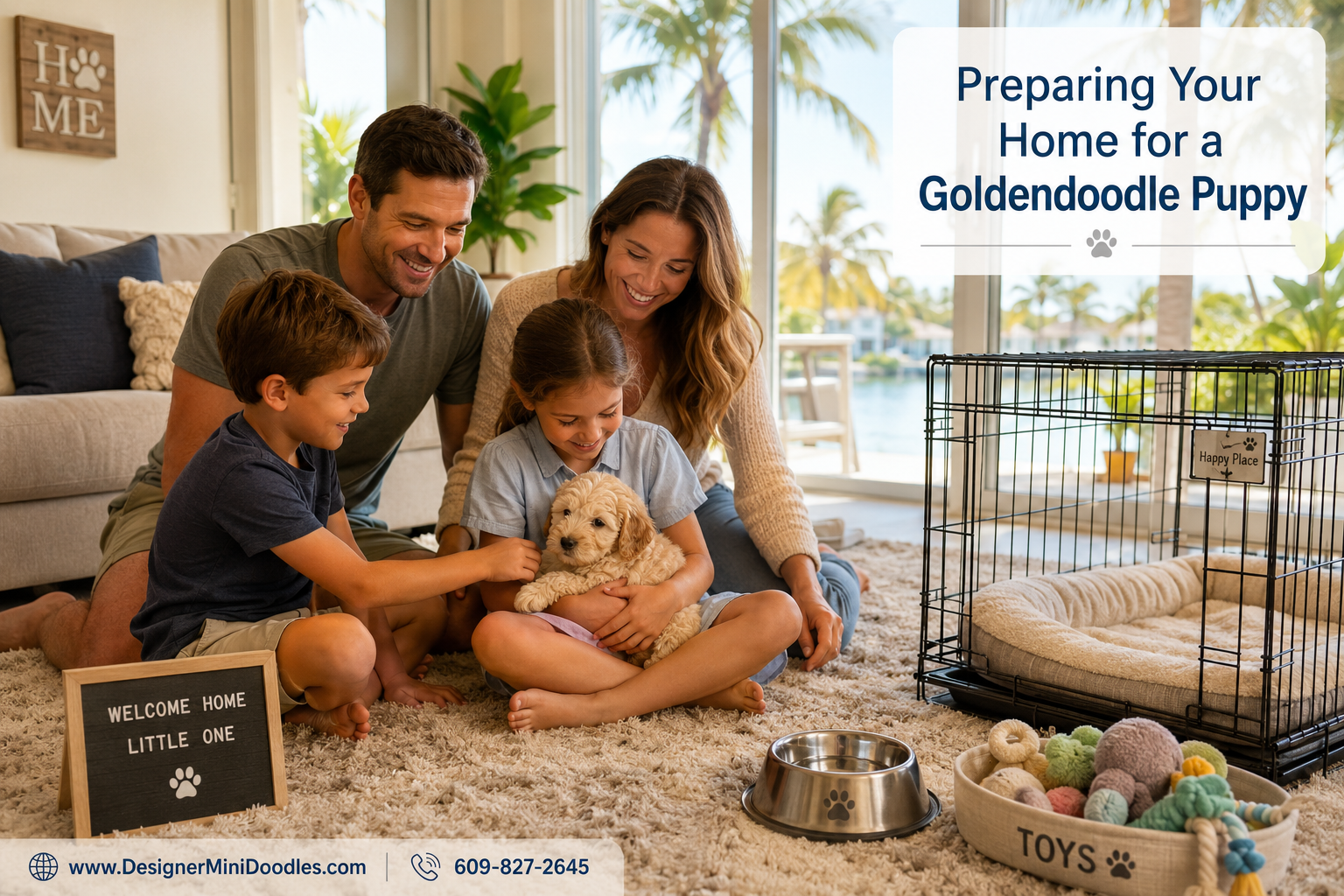 Detailed () image showing a warm family scene in a modern Florida living room where a young family with two children is