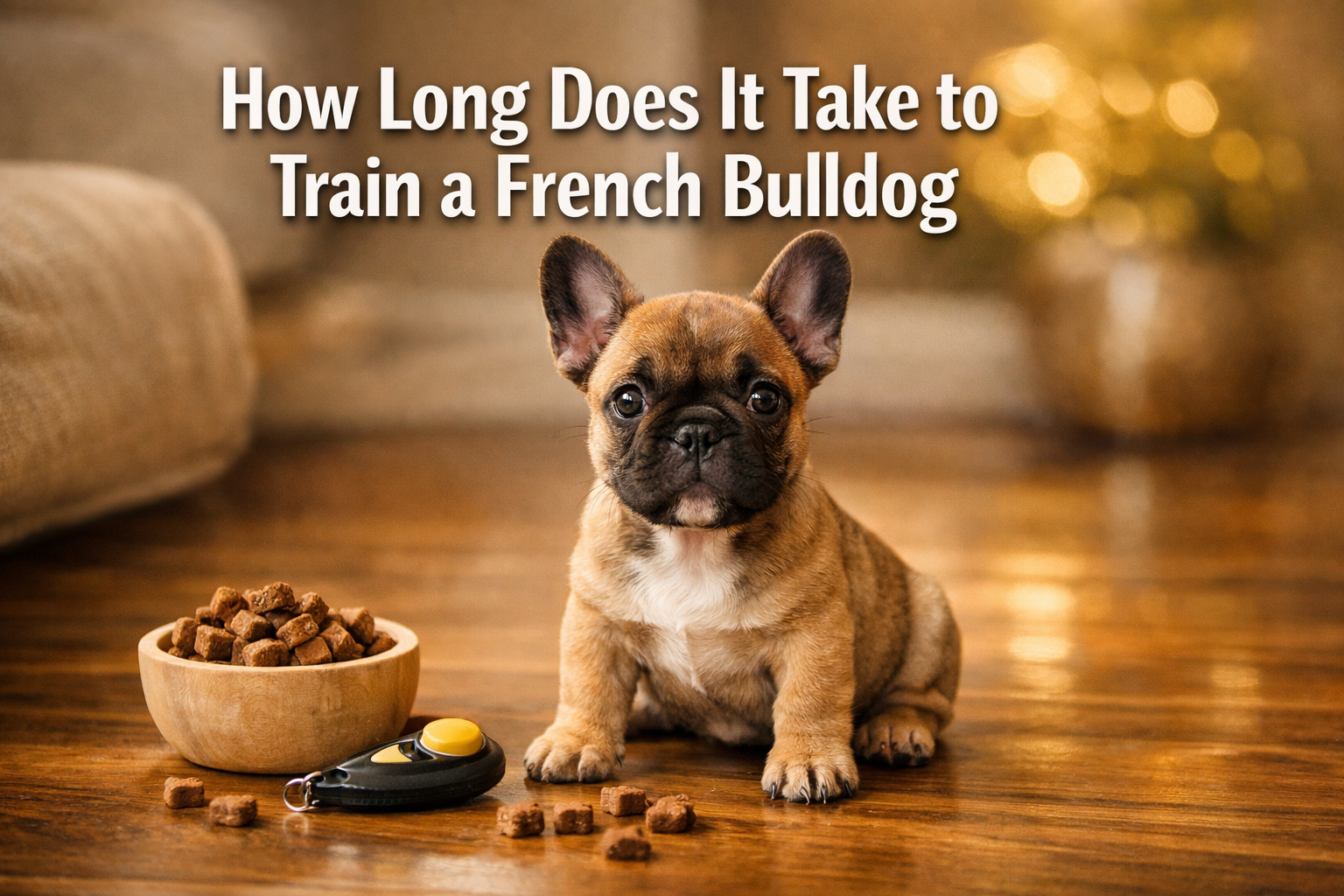 Professional landscape format (1536x1024) hero image with bold text overlay: 'How Long Does It Take to Train a French Bulldog', modern sans-