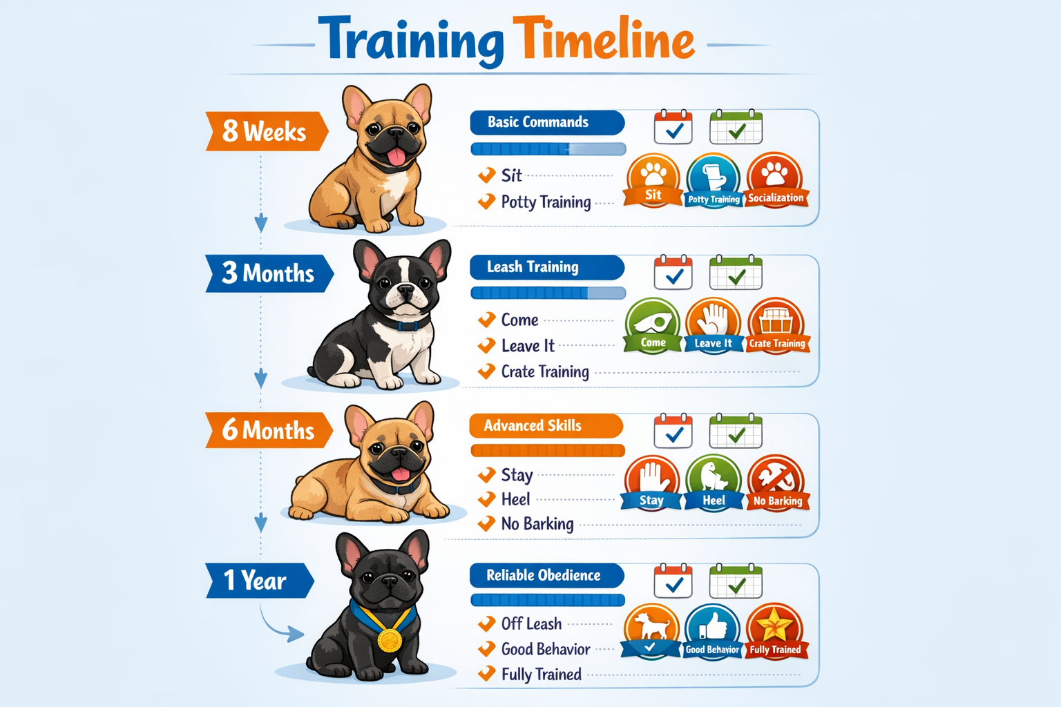 Portrait format (1024x1536) infographic showing French Bulldog training timeline with colorful milestone markers at 8 weeks, 3 months, 6 mon