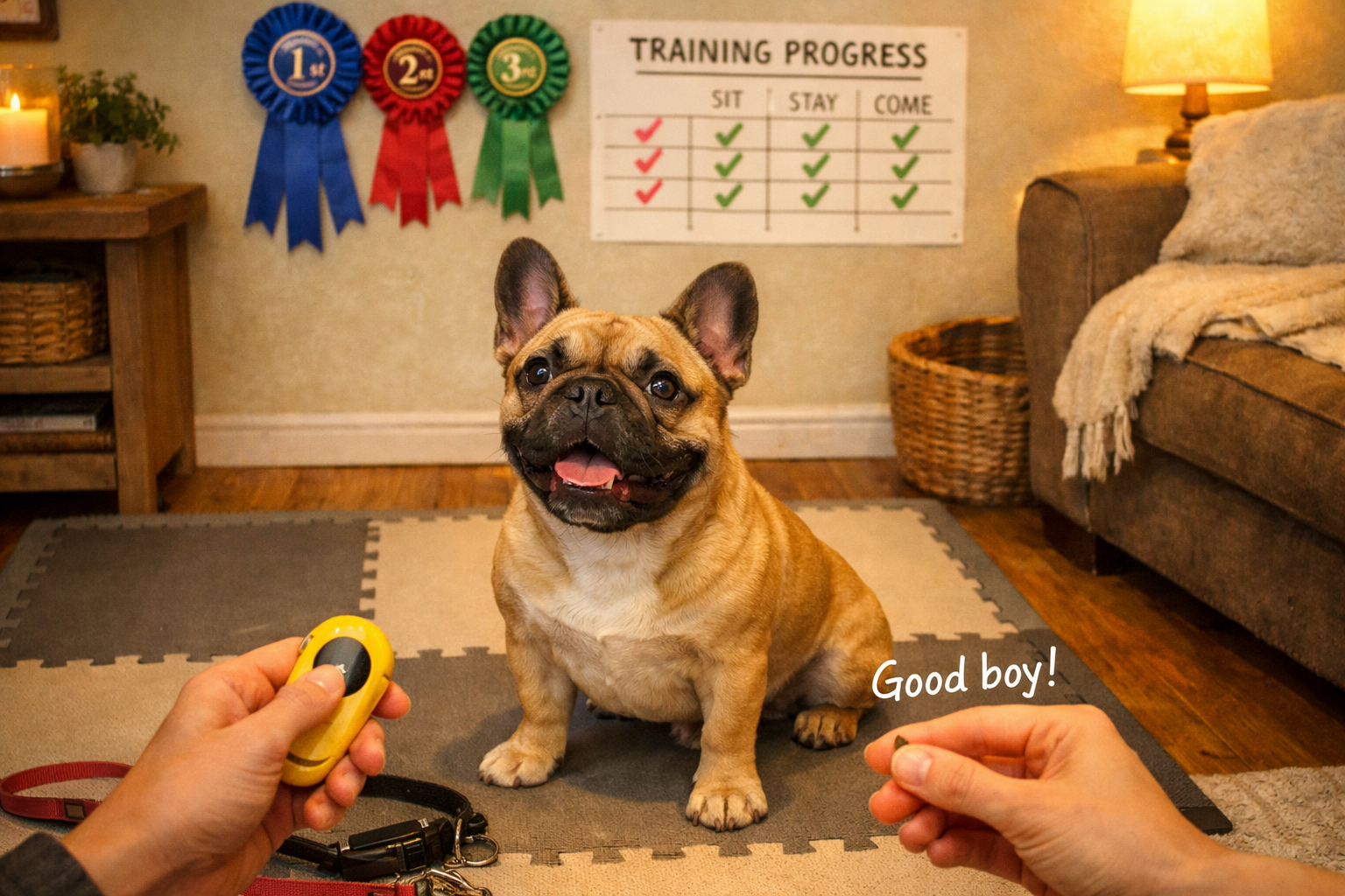 Portrait format (1024x1536) cozy home training scene featuring French Bulldog successfully performing basic commands like sit, stay, and com