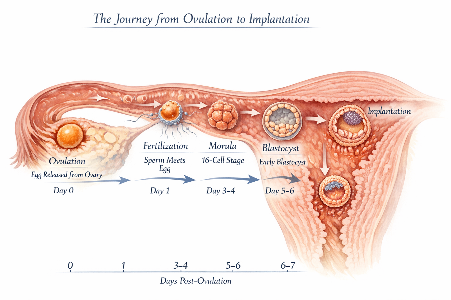 A detailed illustration showing the journey of an egg from ovulation to fertilization and then to the uterus for